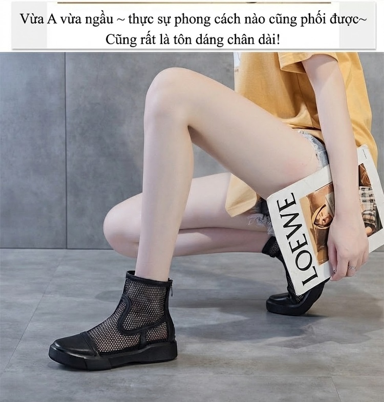 Bốt Lưới Nữ Da Thật Đế Bằng Khóa Kéo Sau Đế Cao 3cm - 4cm Màu Đen, Trắng chi tiết 2
