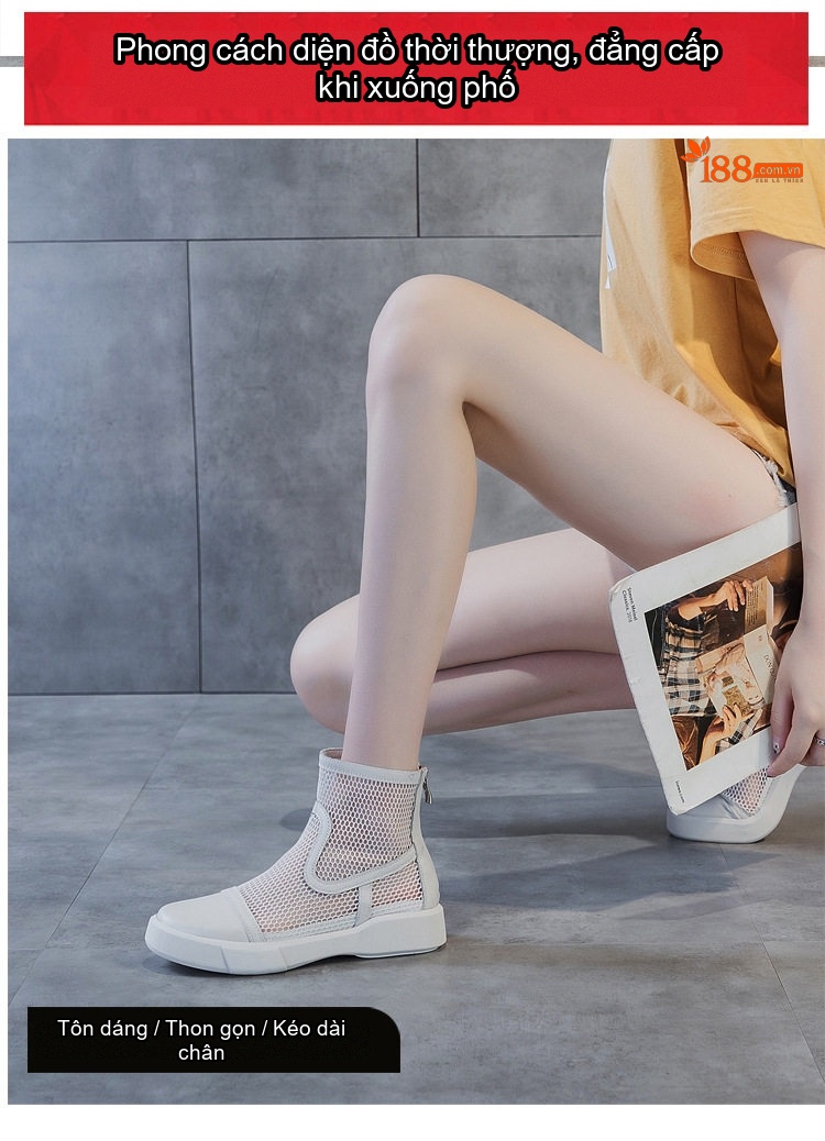 Bốt Lưới Nữ Da Thật Đế Bằng Khóa Kéo Sau Đế Cao 3cm - 4cm Màu Đen, Trắng chi tiết 6