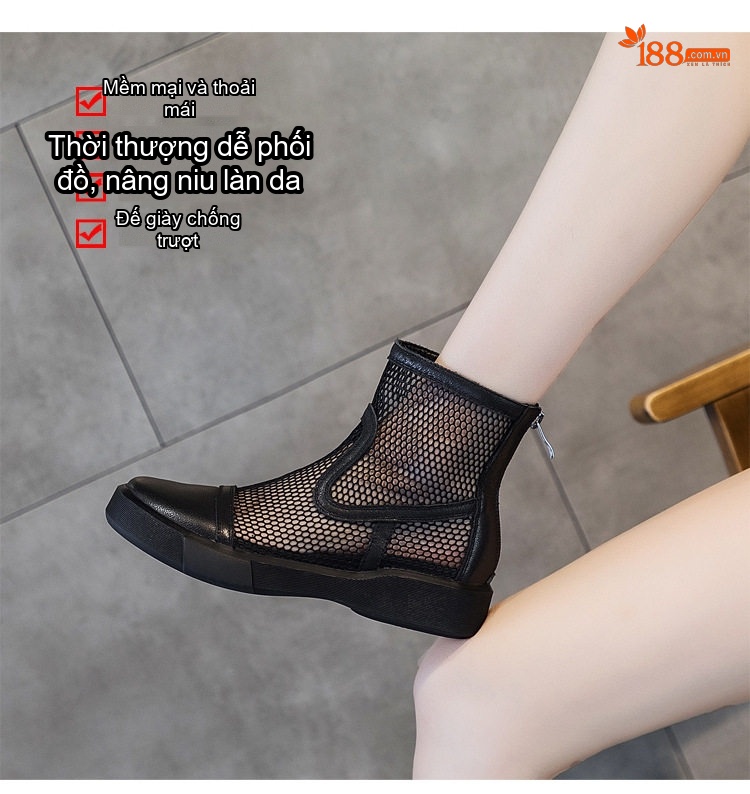 Bốt Lưới Nữ Da Thật Đế Bằng Khóa Kéo Sau Đế Cao 3cm - 4cm Màu Đen, Trắng chi tiết 7