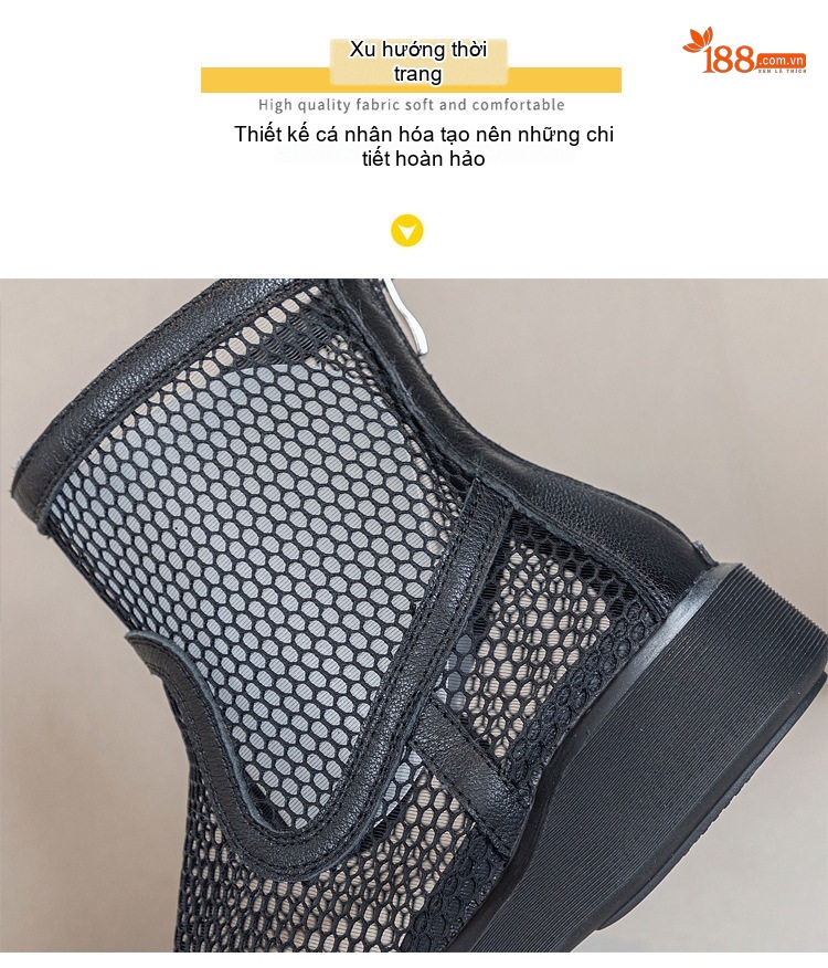 Bốt Lưới Nữ Da Thật Đế Bằng Khóa Kéo Sau Đế Cao 3cm - 4cm Màu Đen, Trắng chi tiết 10