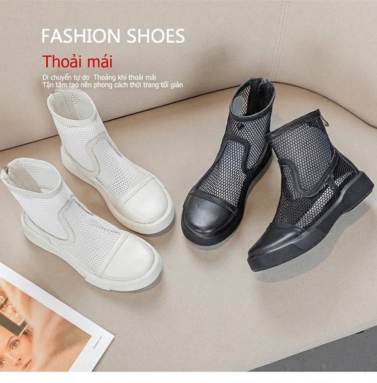 Bốt Lưới Nữ Da Thật Đế Bằng Khóa Kéo Sau Đế Cao 3cm - 4cm Màu Đen, Trắng chi tiết 12