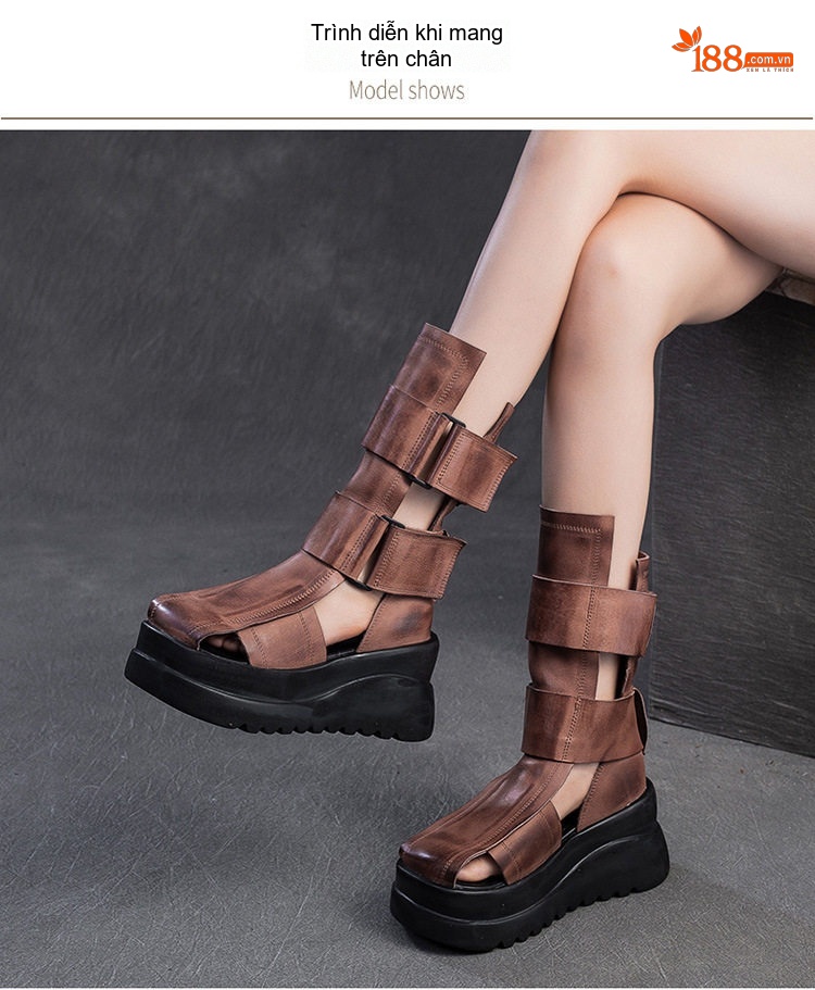 Dép Sandal Nữ Chiến Binh Quai Dán Đế Cao 5cm - 6cm Màu Đen, Nâu chi tiết 6