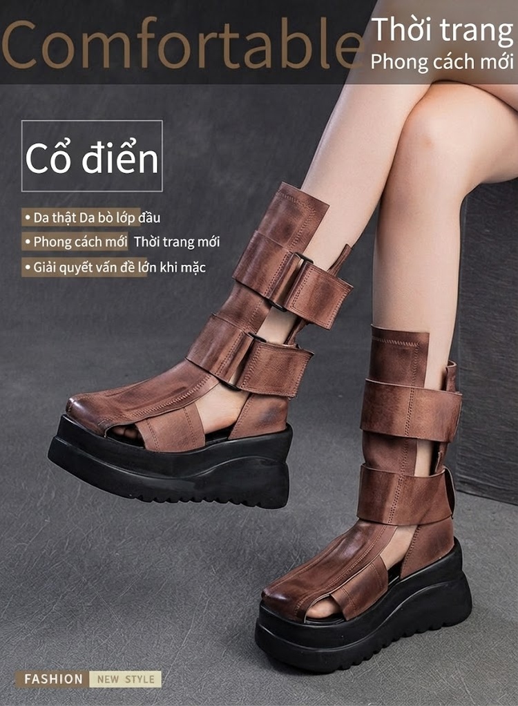 Dép Sandal Nữ Chiến Binh Quai Dán Đế Cao 5cm - 6cm Màu Đen, Nâu chi tiết 1