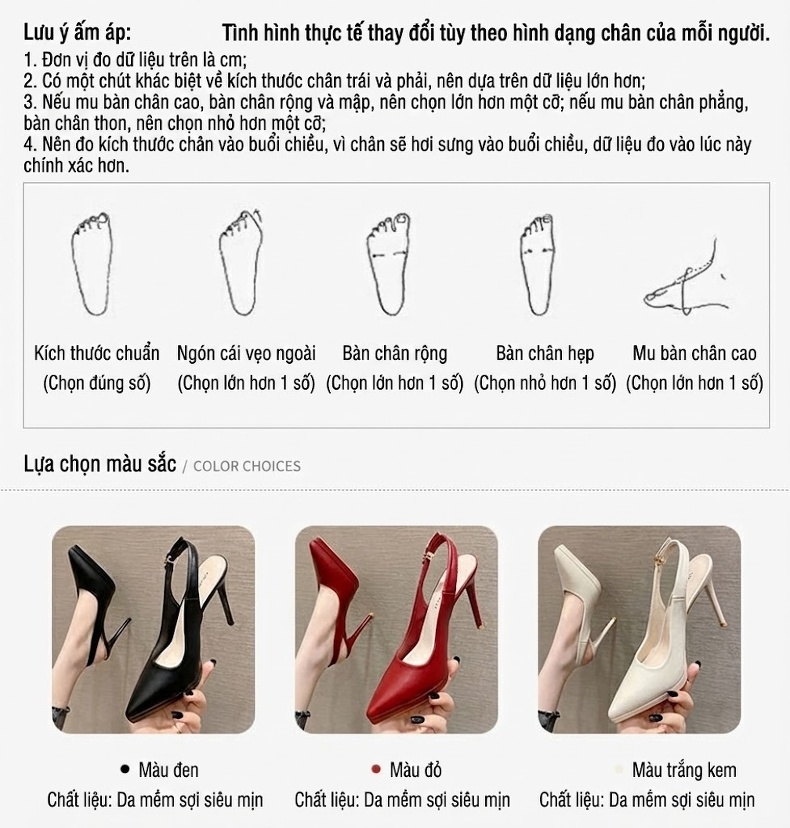 Giày Sandal Cao Gót Nữ Hở Gót Mũi Nhọn Gót Cao 8cm Màu Đen, Đỏ, Kem chi tiết 5