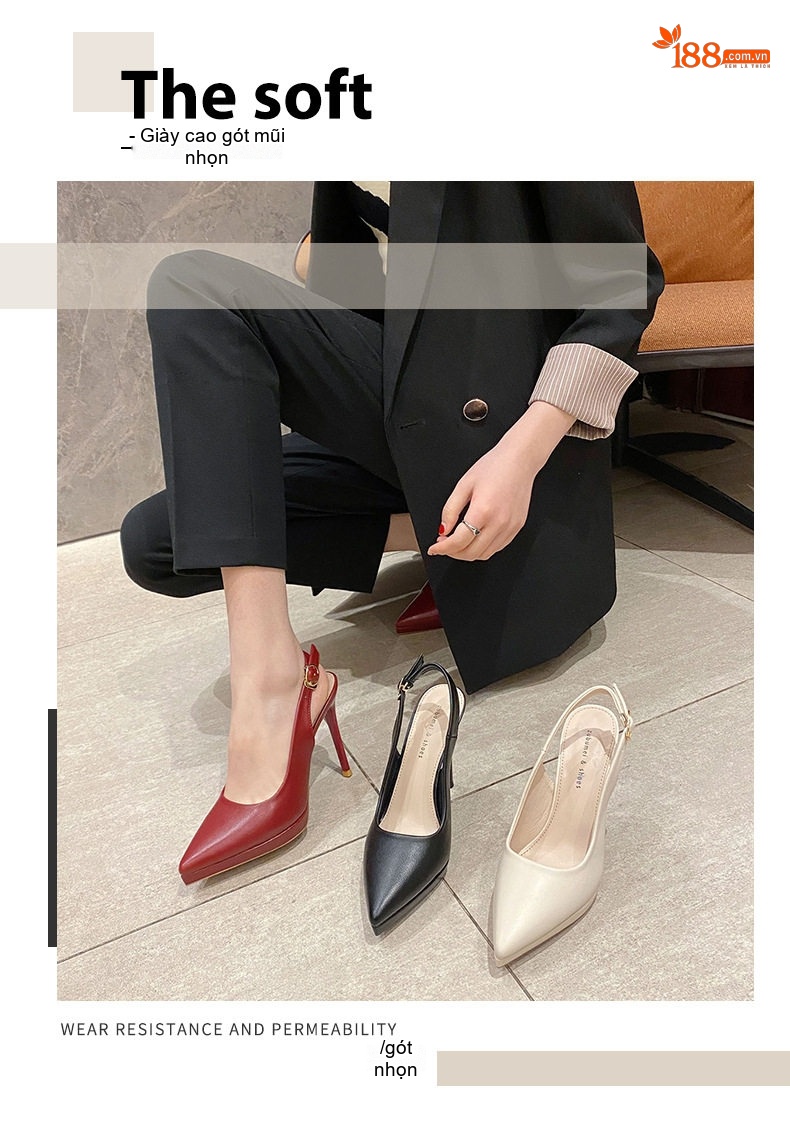 Giày Sandal Cao Gót Nữ Hở Gót Mũi Nhọn Gót Cao 8cm Màu Đen, Đỏ, Kem chi tiết 2