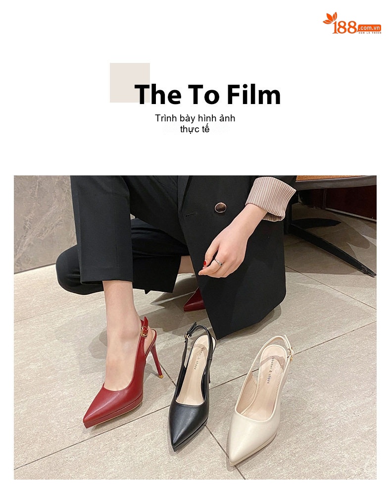 Giày Sandal Cao Gót Nữ Hở Gót Mũi Nhọn Gót Cao 8cm Màu Đen, Đỏ, Kem chi tiết 8