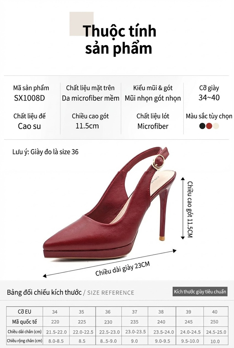 Giày Sandal Cao Gót Nữ Hở Gót Mũi Nhọn Gót Cao 8cm Màu Đen, Đỏ, Kem chi tiết 4