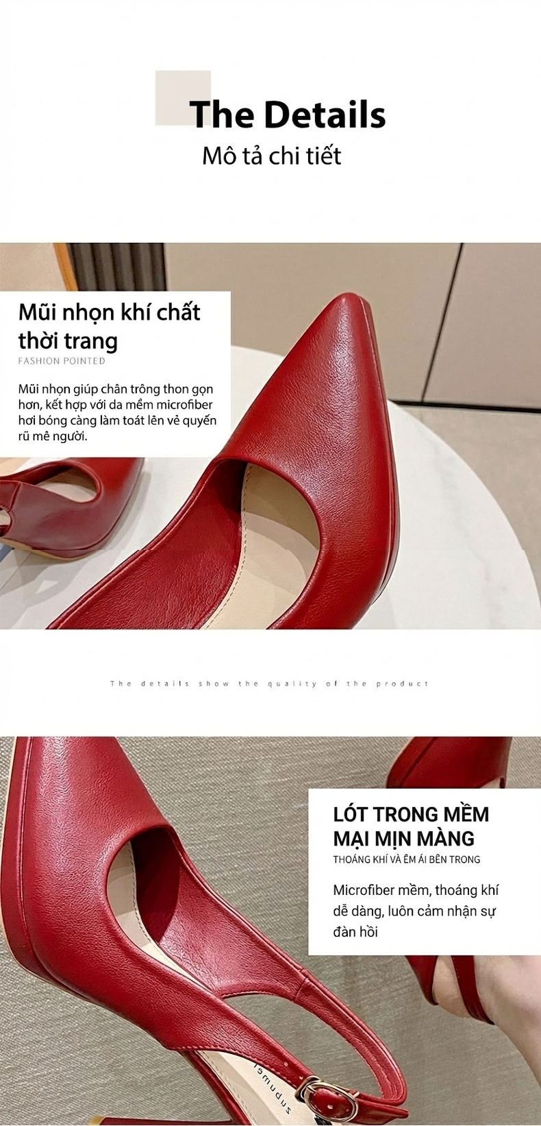 Giày Sandal Cao Gót Nữ Hở Gót Mũi Nhọn Gót Cao 8cm Màu Đen, Đỏ, Kem chi tiết 6