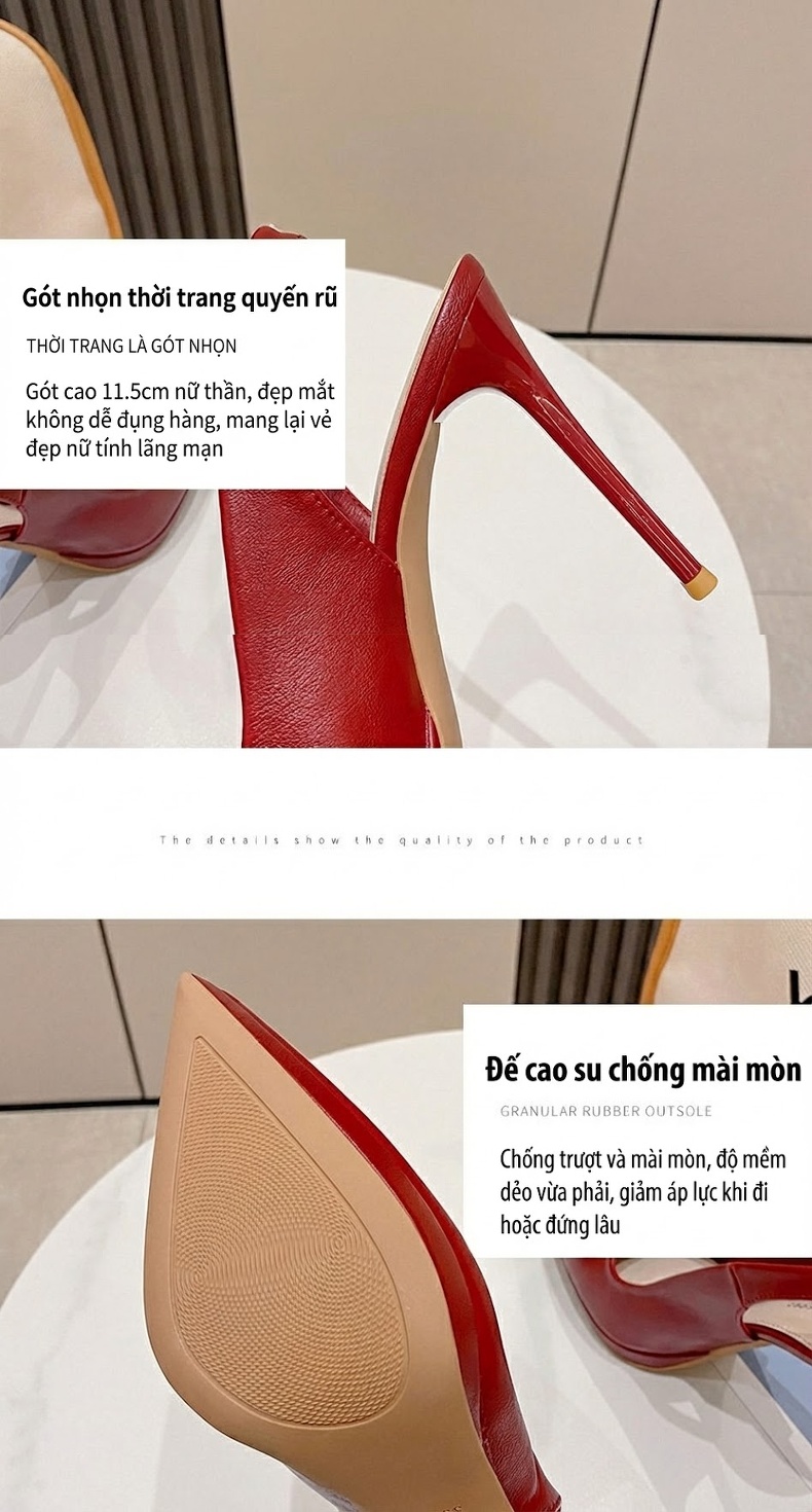 Giày Sandal Cao Gót Nữ Hở Gót Mũi Nhọn Gót Cao 8cm Màu Đen, Đỏ, Kem chi tiết 7