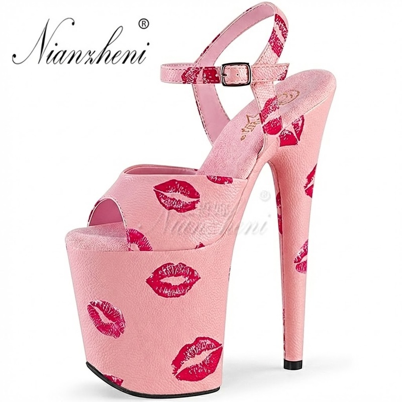 Giày Sandal Cao Gót Nữ Quai Ngang Hở Ngón Đế Xuồng Gót Cao 20cm Da Bóng Màu Hồng, Đen chi tiết 4