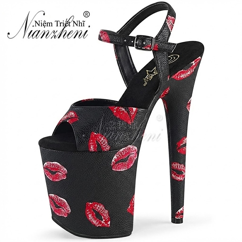 Giày Sandal Cao Gót Nữ Quai Ngang Hở Ngón Đế Xuồng Gót Cao 20cm Da Bóng Màu Hồng, Đen