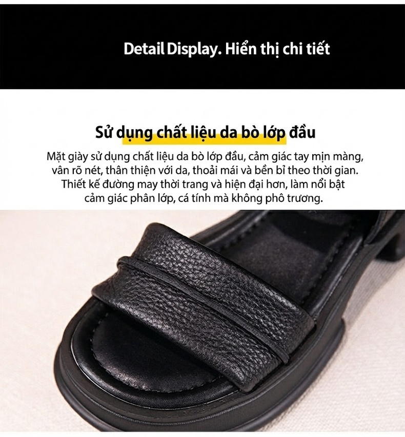 Giày Sandal Cao Gót Nữ Da Bò Quai Cao Cổ Gót Vuông Đế Cao 4cm - 6cm Màu Đen, Nâu, Be chi tiết 7