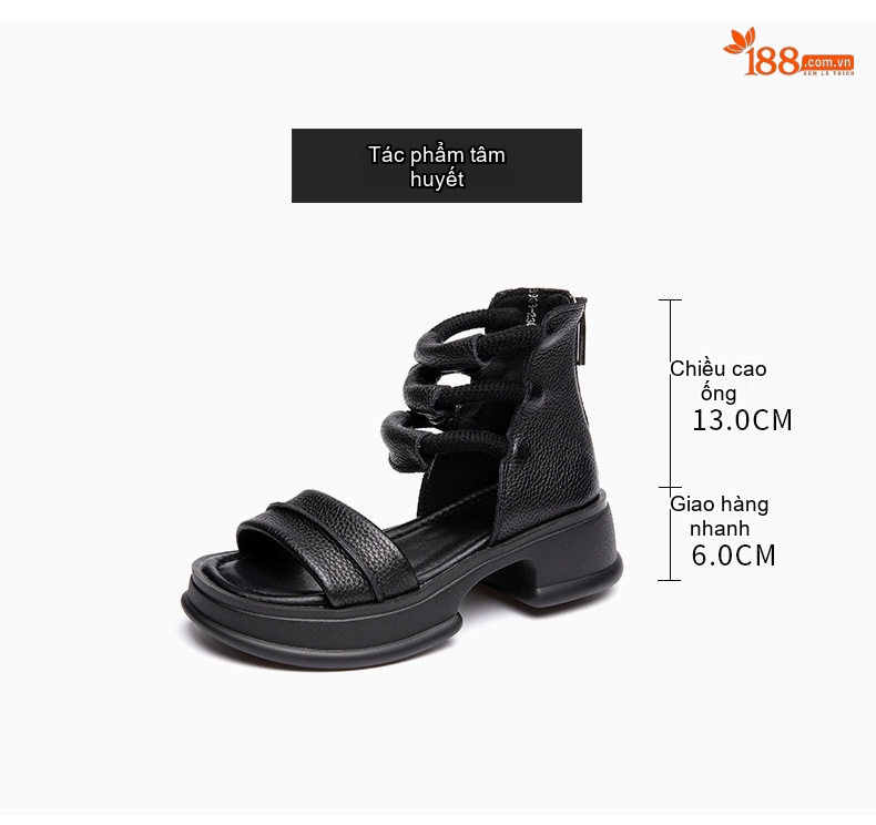 Giày Sandal Cao Gót Nữ Da Bò Quai Cao Cổ Gót Vuông Đế Cao 4cm - 6cm Màu Đen, Nâu, Be chi tiết 5