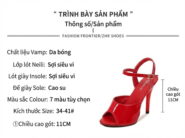Giày Sandal Cao Gót Nữ Hở Mũi Quai Hậu Da Bóng Gót Cao 11cm Màu Đen, Trắng, Đỏ, Xanh... chi tiết 2