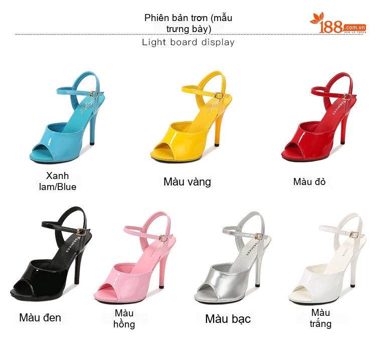 Giày Sandal Cao Gót Nữ Hở Mũi Quai Hậu Da Bóng Gót Cao 11cm Màu Đen, Trắng, Đỏ, Xanh... chi tiết 3