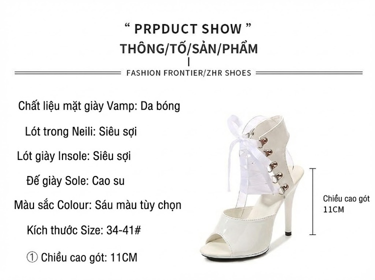 Giày Sandal Cao Gót Nữ Hở Ngón Da Bóng Quai Ren Gót Cao 11cm Màu Đen, Trắng, Đỏ, Vàng, Xanh... chi tiết 2