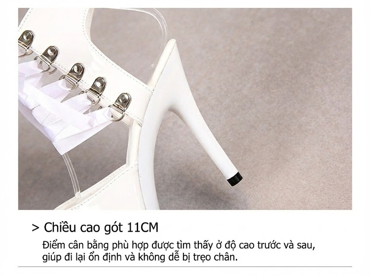 Giày Sandal Cao Gót Nữ Hở Ngón Da Bóng Quai Ren Gót Cao 11cm Màu Đen, Trắng, Đỏ, Vàng, Xanh... chi tiết 8