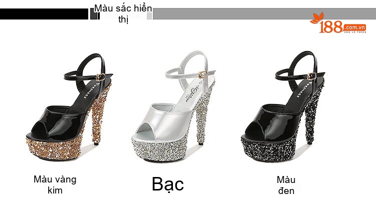 Giày Sandal Cao Gót Nữ Hở Mũi Quai Mảnh Da Bóng Gót Cao 10cm - 12cm Màu Đen, Bạc chi tiết 2
