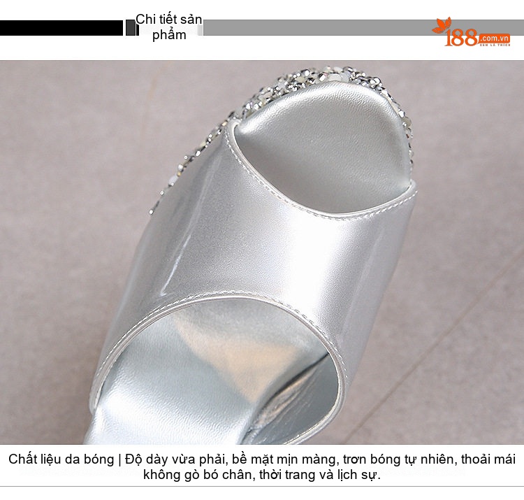 Giày Sandal Cao Gót Nữ Hở Mũi Quai Mảnh Da Bóng Gót Cao 10cm - 12cm Màu Đen, Bạc chi tiết 3