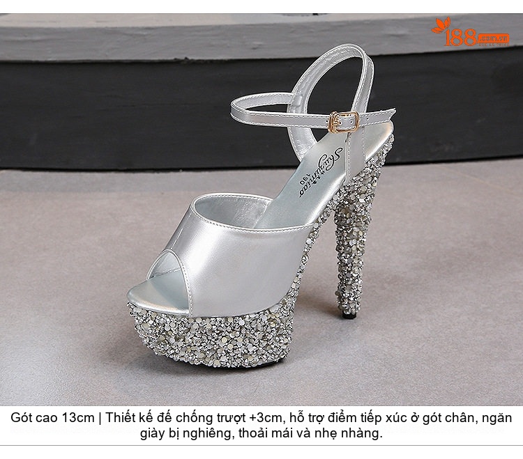 Giày Sandal Cao Gót Nữ Hở Mũi Quai Mảnh Da Bóng Gót Cao 10cm - 12cm Màu Đen, Bạc chi tiết 5