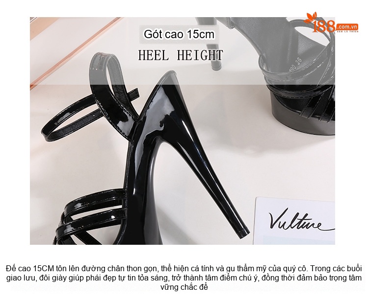 Giày Sandal Cao Gót Nữ Quai Ngang Đế Xuồng Gót Nhọn Gót Cao 15cm Màu Đen, Đỏ, Bạc, Vàng... chi tiết 5