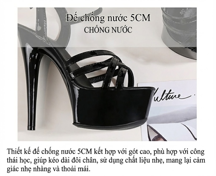 Giày Sandal Cao Gót Nữ Quai Ngang Đế Xuồng Gót Nhọn Gót Cao 15cm Màu Đen, Đỏ, Bạc, Vàng... chi tiết 6
