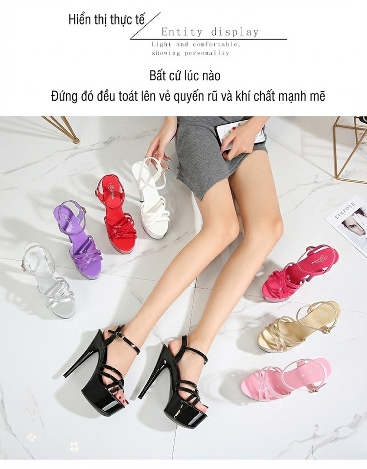 Giày Sandal Cao Gót Nữ Quai Ngang Đế Xuồng Gót Nhọn Gót Cao 15cm Màu Đen, Đỏ, Bạc, Vàng... chi tiết 8