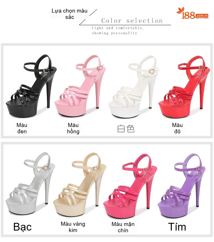 Giày Sandal Cao Gót Nữ Quai Ngang Đế Xuồng Gót Nhọn Gót Cao 15cm Màu Đen, Đỏ, Bạc, Vàng... chi tiết 2