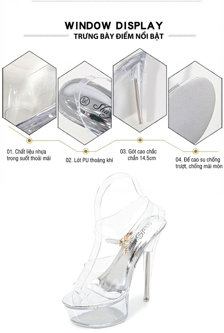 Giày Sandal Cao Gót Nữ Quai Trong Suốt Đế Xuồng Gót Cao 15cm Màu Trắng chi tiết 4