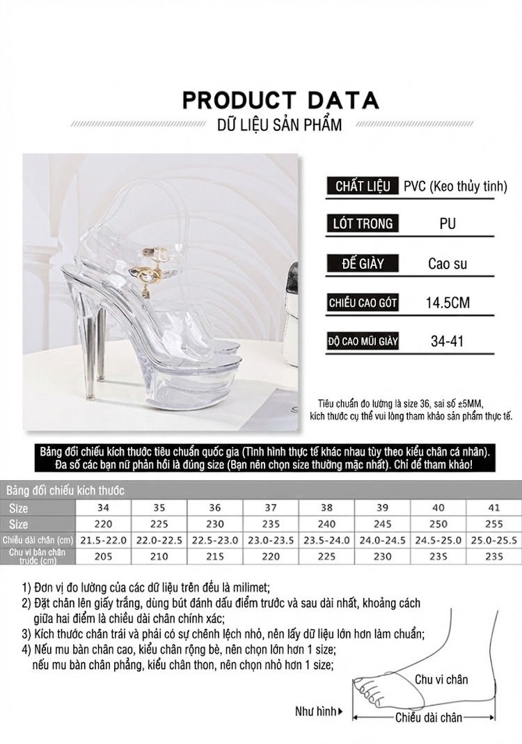 Giày Sandal Cao Gót Nữ Quai Trong Suốt Đế Xuồng Gót Cao 15cm Màu Trắng chi tiết 2