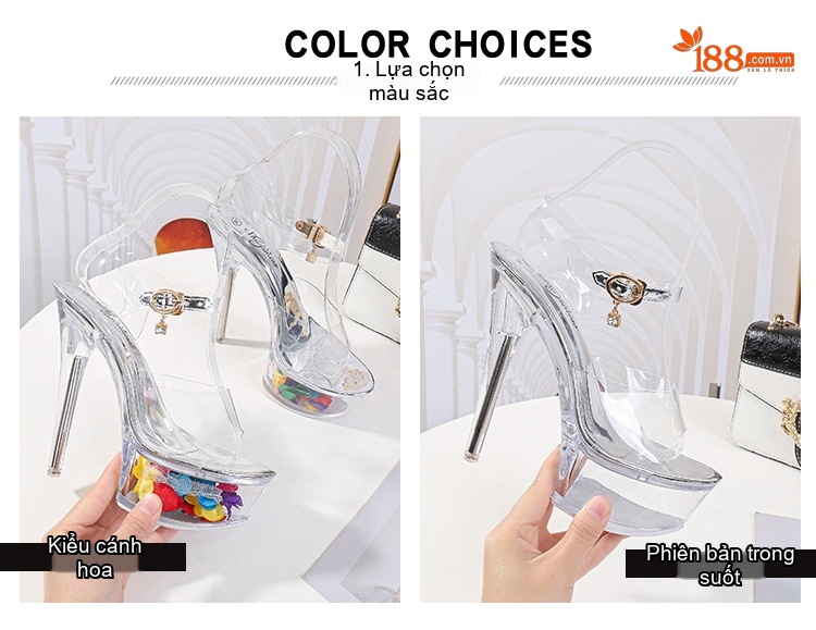 Giày Sandal Cao Gót Nữ Quai Trong Suốt Đế Xuồng Gót Cao 15cm Màu Trắng chi tiết 3