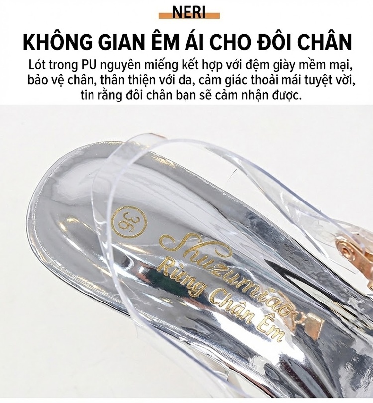 Giày Sandal Cao Gót Nữ Quai Trong Suốt Đế Xuồng Gót Cao 15cm Màu Trắng chi tiết 6