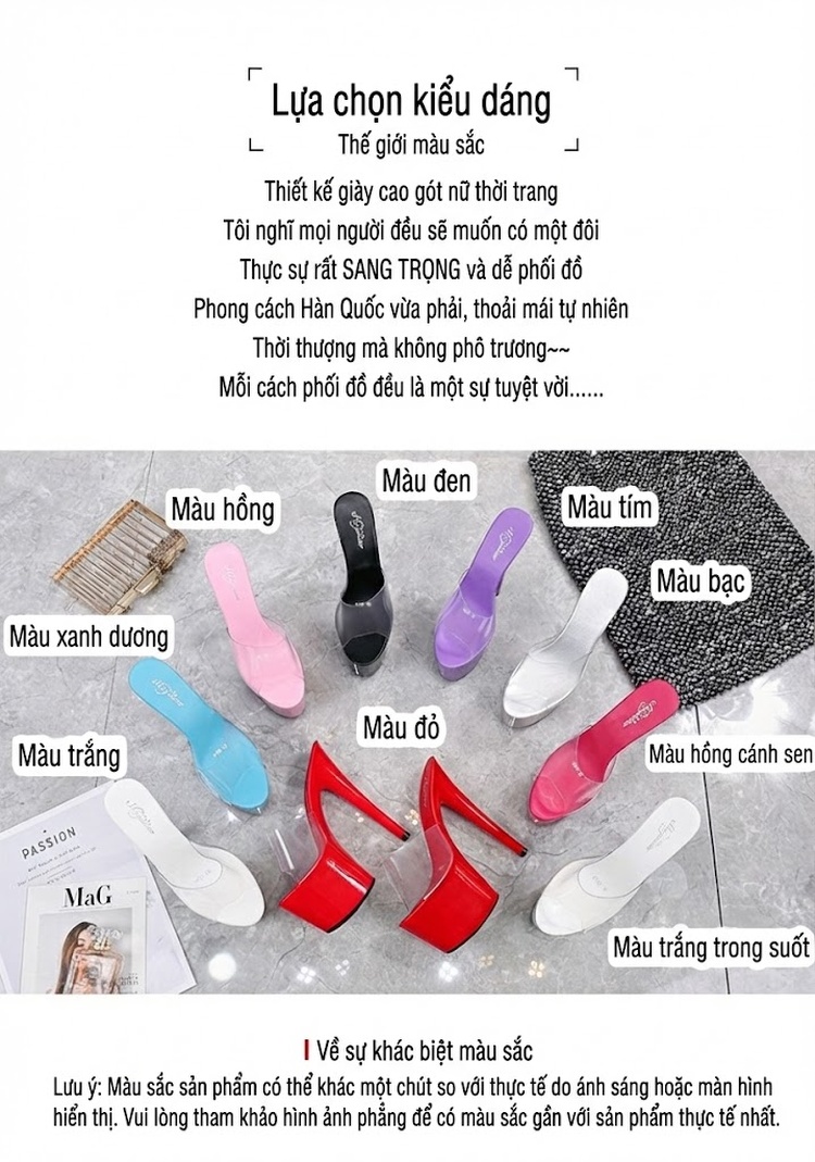 Giày Sandal Cao Gót Nữ Quai Trong Suốt Gót Nhọn Đế Xuồng Gót Cao 17cm Màu Đen, Đỏ, Trắng, Bạc... chi tiết 3