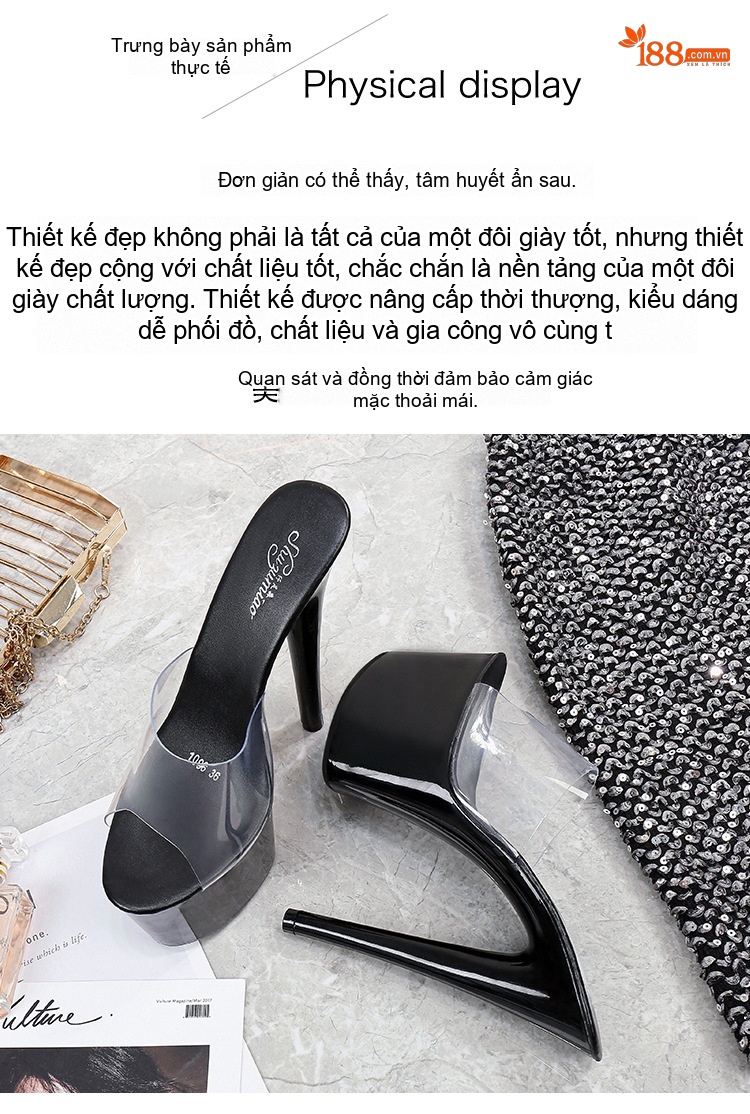 Giày Sandal Cao Gót Nữ Quai Trong Suốt Gót Nhọn Đế Xuồng Gót Cao 17cm Màu Đen, Đỏ, Trắng, Bạc... chi tiết 35