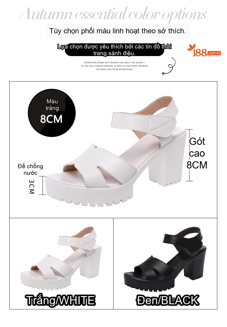 Giày Sandal Cao Gót Nữ Quai Hậu Đế Xuồng Gót Cao 8cm Màu Đen, Trắng chi tiết 3