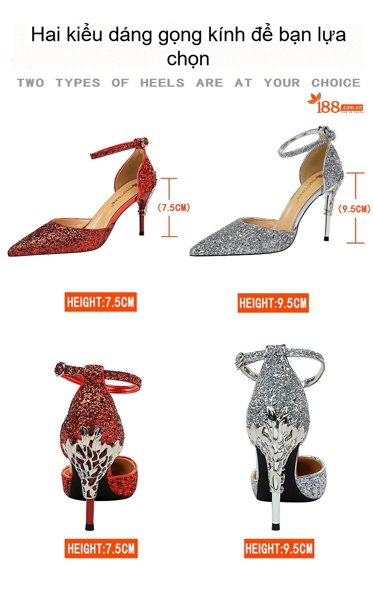Giày Sandal Cao Gót Nữ Hở Bên Quai Một Chữ Đính Kim Tuyến Gót Cao 8cm Màu Đen, Bạc, Đỏ, Vàng... chi tiết 2