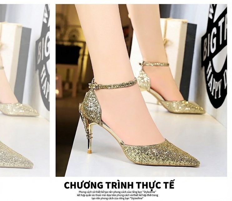 Giày Sandal Cao Gót Nữ Hở Bên Quai Một Chữ Đính Kim Tuyến Gót Cao 8cm Màu Đen, Bạc, Đỏ, Vàng... chi tiết 13