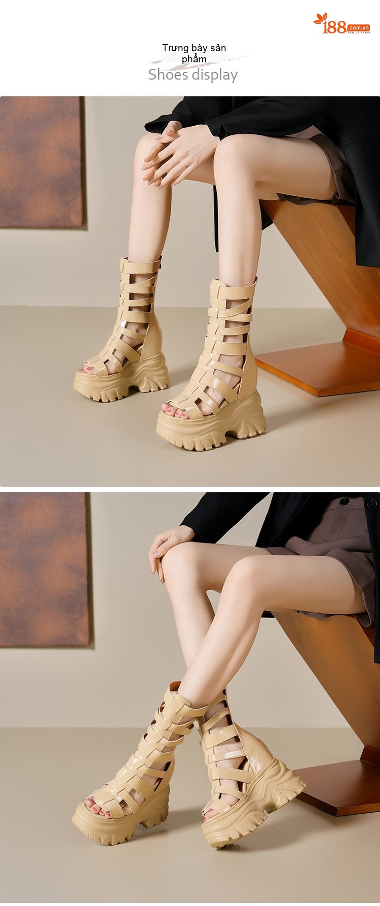 Giày Sandal Cao Gót Nữ Hở Ngón Quai Hậu La Mã Đế Răng Cưa Gót Cao 14cm Màu Be, Đen, Hồng, Trắng... chi tiết 2
