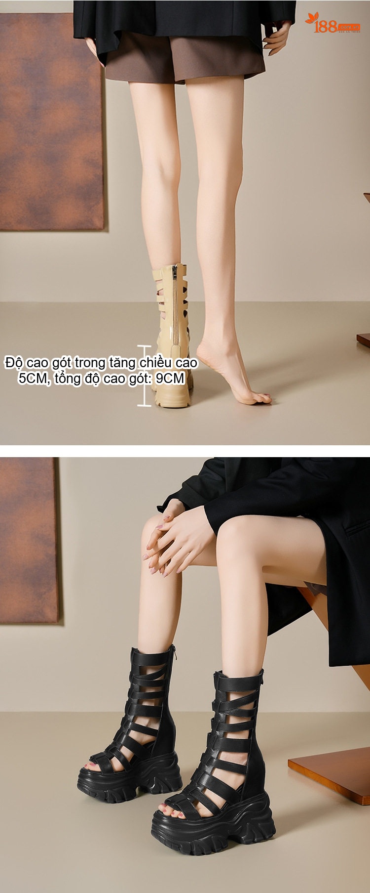 Giày Sandal Cao Gót Nữ Hở Ngón Quai Hậu La Mã Đế Răng Cưa Gót Cao 14cm Màu Be, Đen, Hồng, Trắng... chi tiết 4