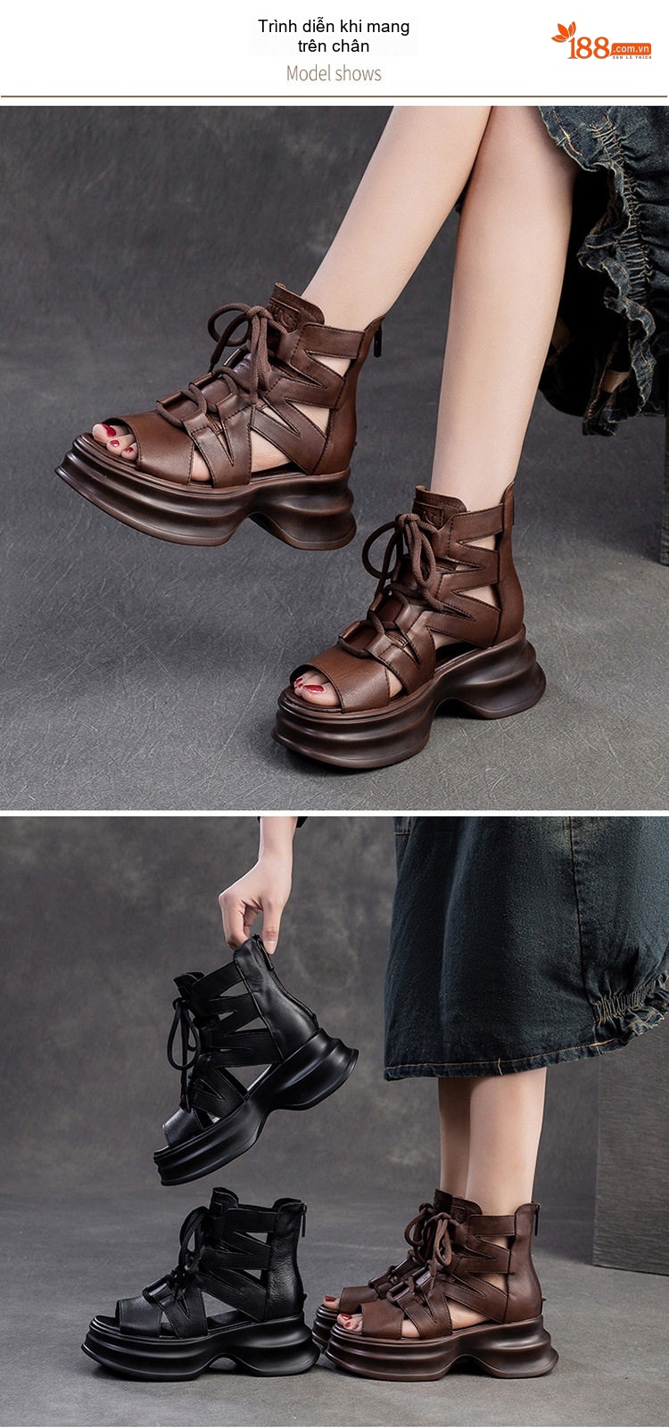 Dép Sandal Nữ Cao Cổ Buộc Dây Hở Ngón Đế Cao 4cm - 5cm Màu Đen, Nâu chi tiết 7