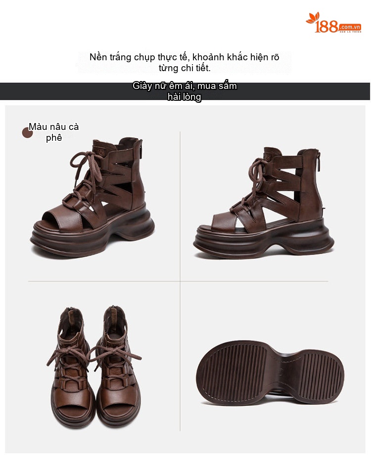 Dép Sandal Nữ Cao Cổ Buộc Dây Hở Ngón Đế Cao 4cm - 5cm Màu Đen, Nâu chi tiết 15
