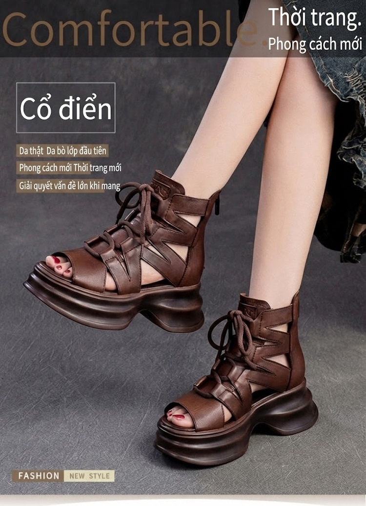 Dép Sandal Nữ Cao Cổ Buộc Dây Hở Ngón Đế Cao 4cm - 5cm Màu Đen, Nâu chi tiết 1