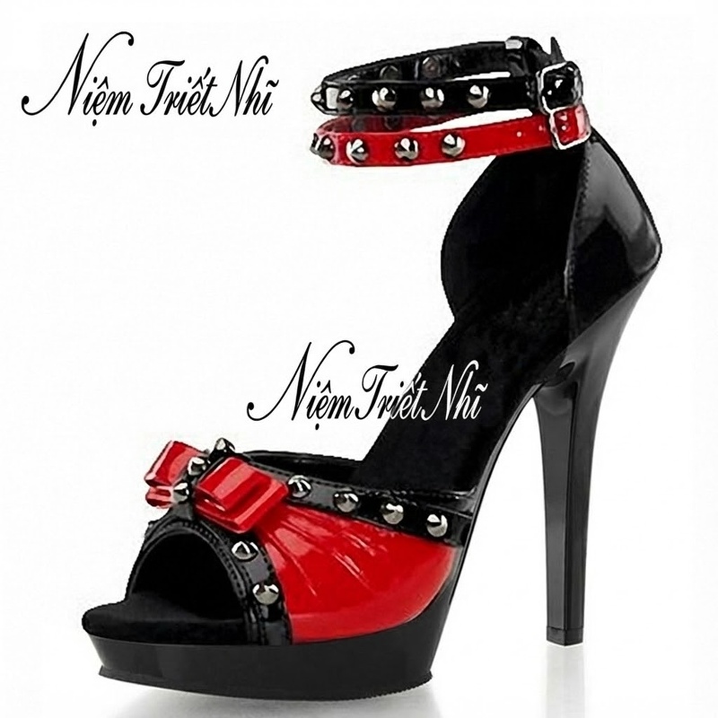 Giày Sandal Cao Gót Nữ Hở Mũi Quai Cài Đinh Tán Gót Nhọn Gót Cao 10cm - 12cm Màu Đen, Đỏ chi tiết 9