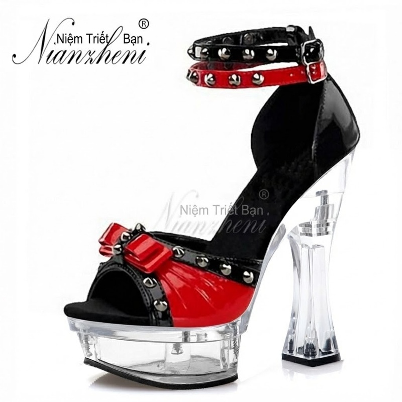 Giày Sandal Cao Gót Nữ Hở Mũi Quai Cài Đinh Tán Gót Nhọn Gót Cao 10cm - 12cm Màu Đen, Đỏ chi tiết 10