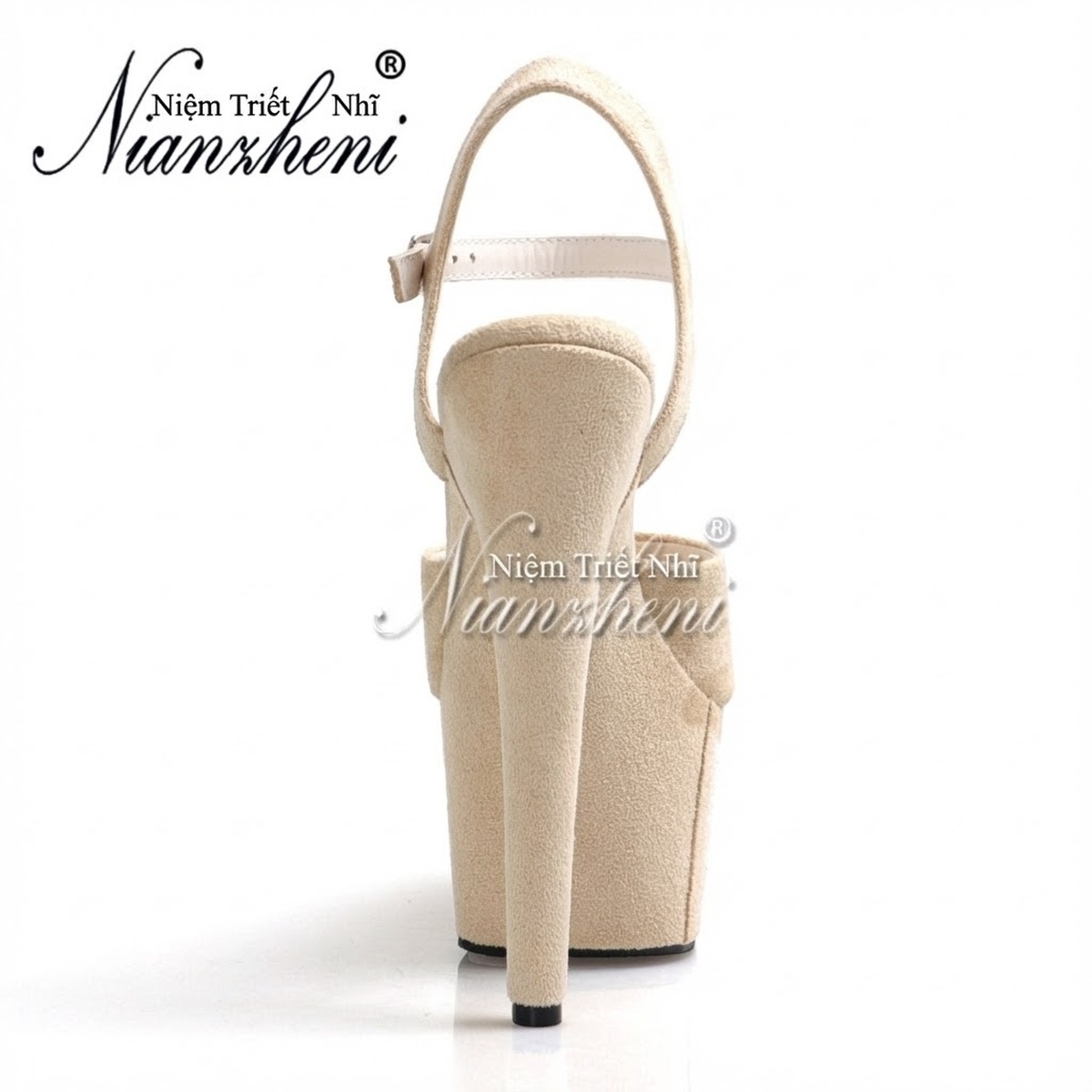 Giày Sandal Cao Gót Nữ Quai Mảnh Hở Ngón Nỉ Gót Cao 17cm Màu Be
