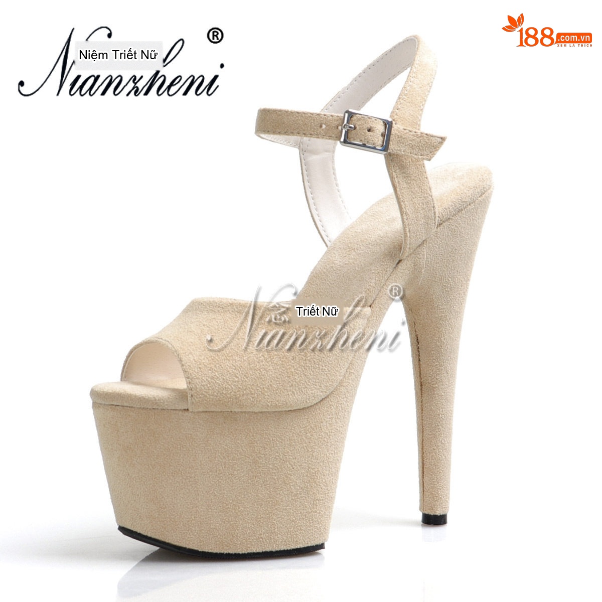 Giày Sandal Cao Gót Nữ Quai Mảnh Hở Ngón Nỉ Gót Cao 17cm Màu Be