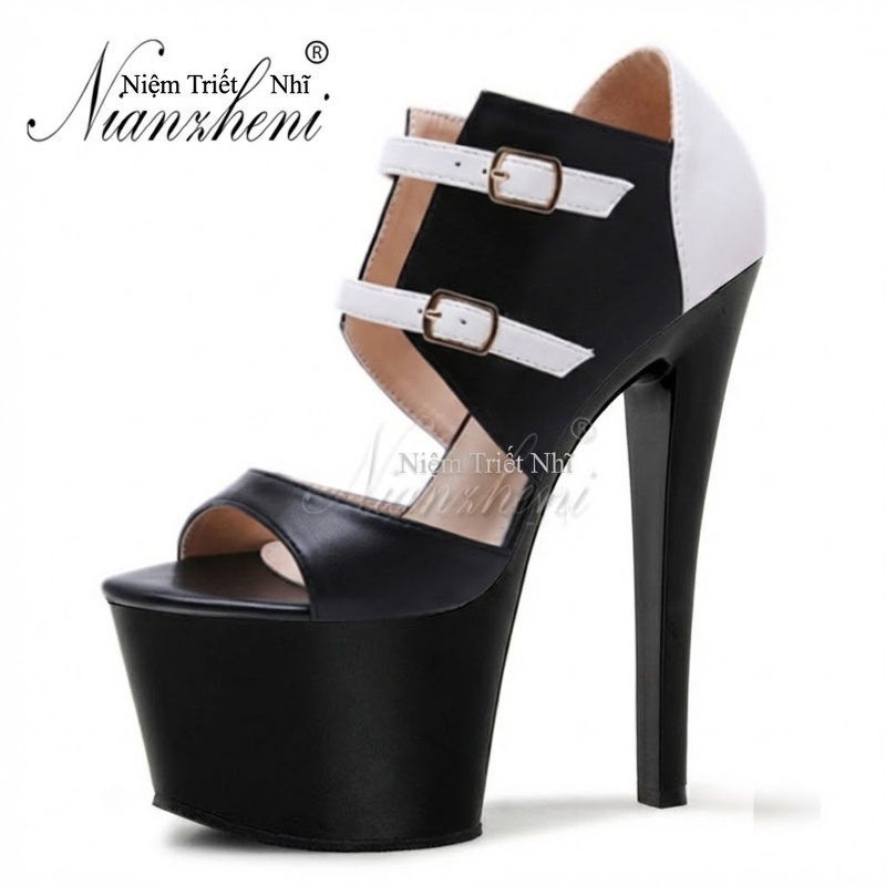 Giày Sandal Cao Gót Nữ Quai Hậu Phối Màu Da Bóng Gót Cao 18cm Màu Đen, Trắng chi tiết 9