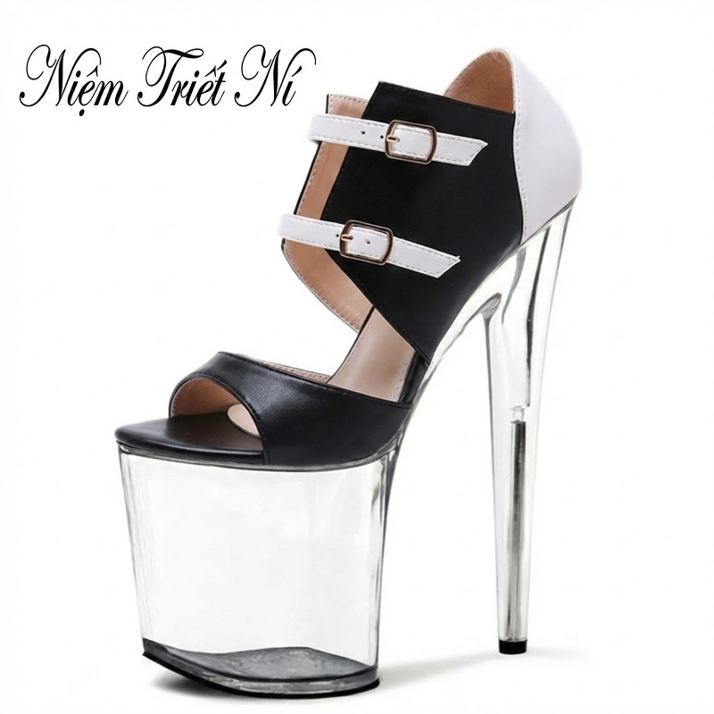 Giày Sandal Cao Gót Nữ Quai Hậu Phối Màu Da Bóng Gót Cao 18cm Màu Đen, Trắng chi tiết 13