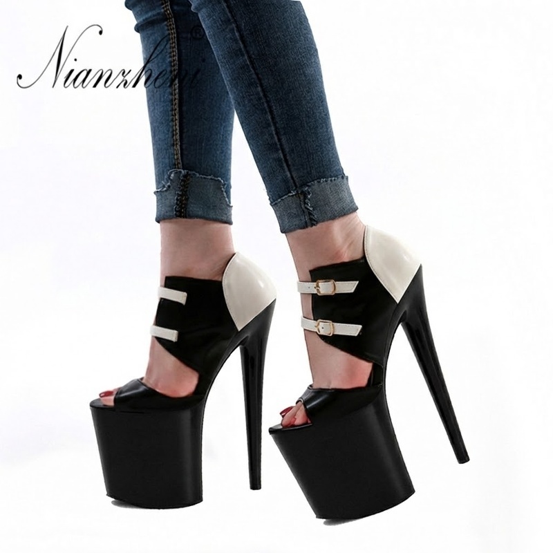 Giày Sandal Cao Gót Nữ Quai Hậu Phối Màu Da Bóng Gót Cao 18cm Màu Đen, Trắng chi tiết 4