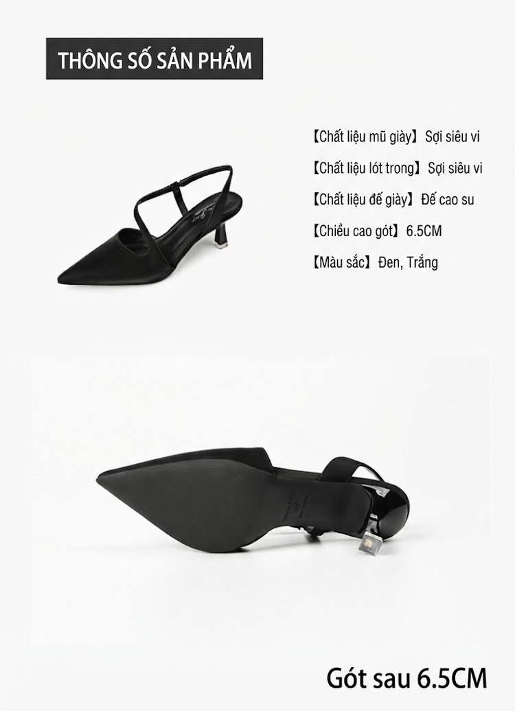 Giày Sandal Cao Gót Nữ Mũi Nhọn Quai Chữ T Gót Cao 7cm - 8cm Màu Đen, Trắng chi tiết 2